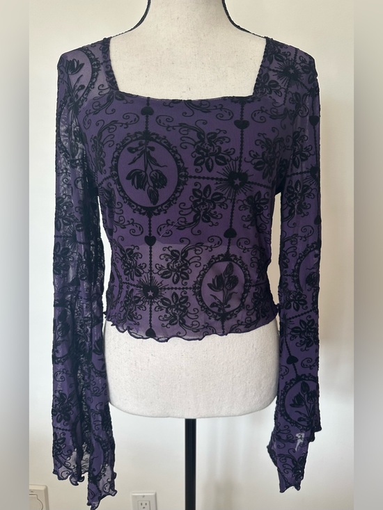 Source Unknown Tops - Purple Floral Burnout Mesh Long Bell Sleeve Crop Top Whimsigoth Grunge Blouse M